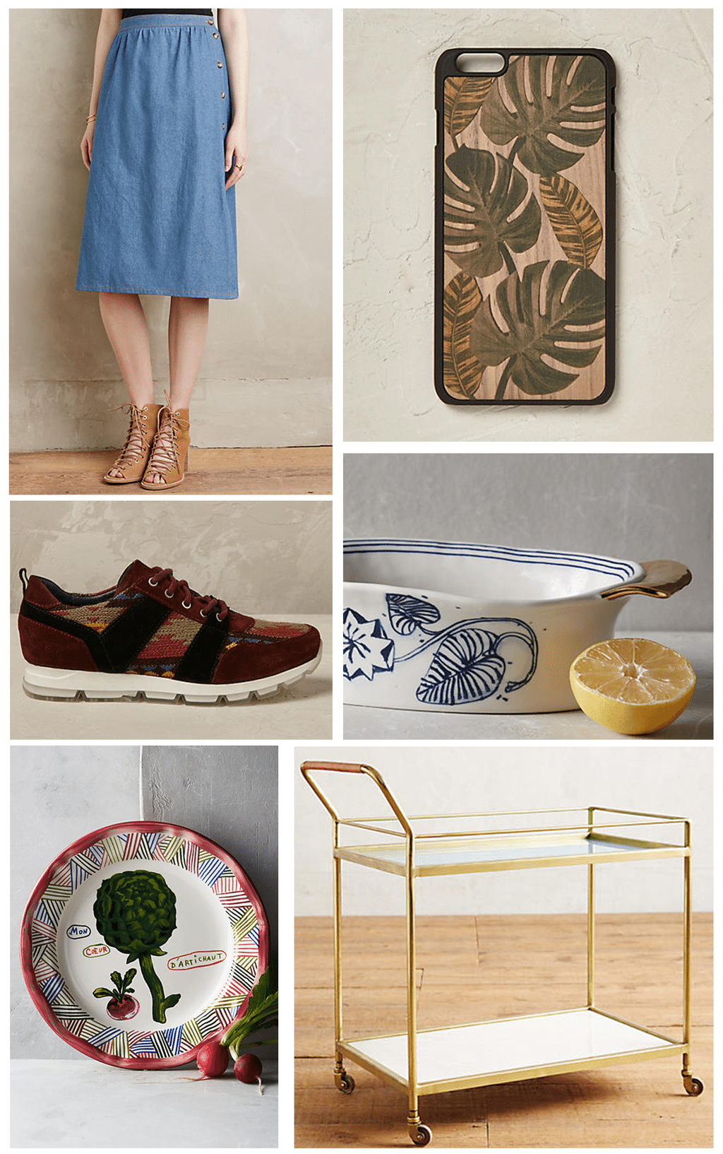 Anthropologie Montage Of Items, Denim Skirt, iPhone Case, Trainers,